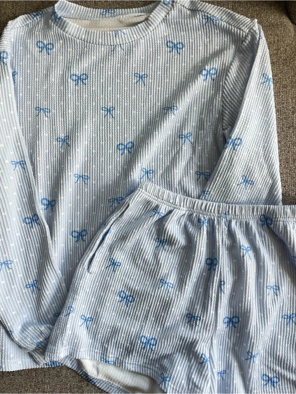 Amazon Women's Light Blue Ribbed Bow-Print Pajama Set